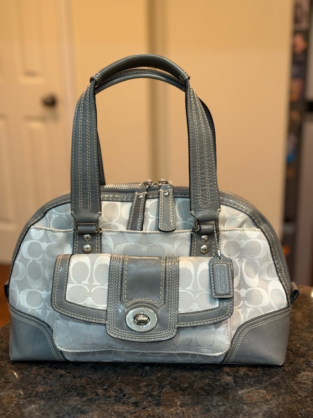 Coach Gray Signature Canvas Satchel with Leather Trim